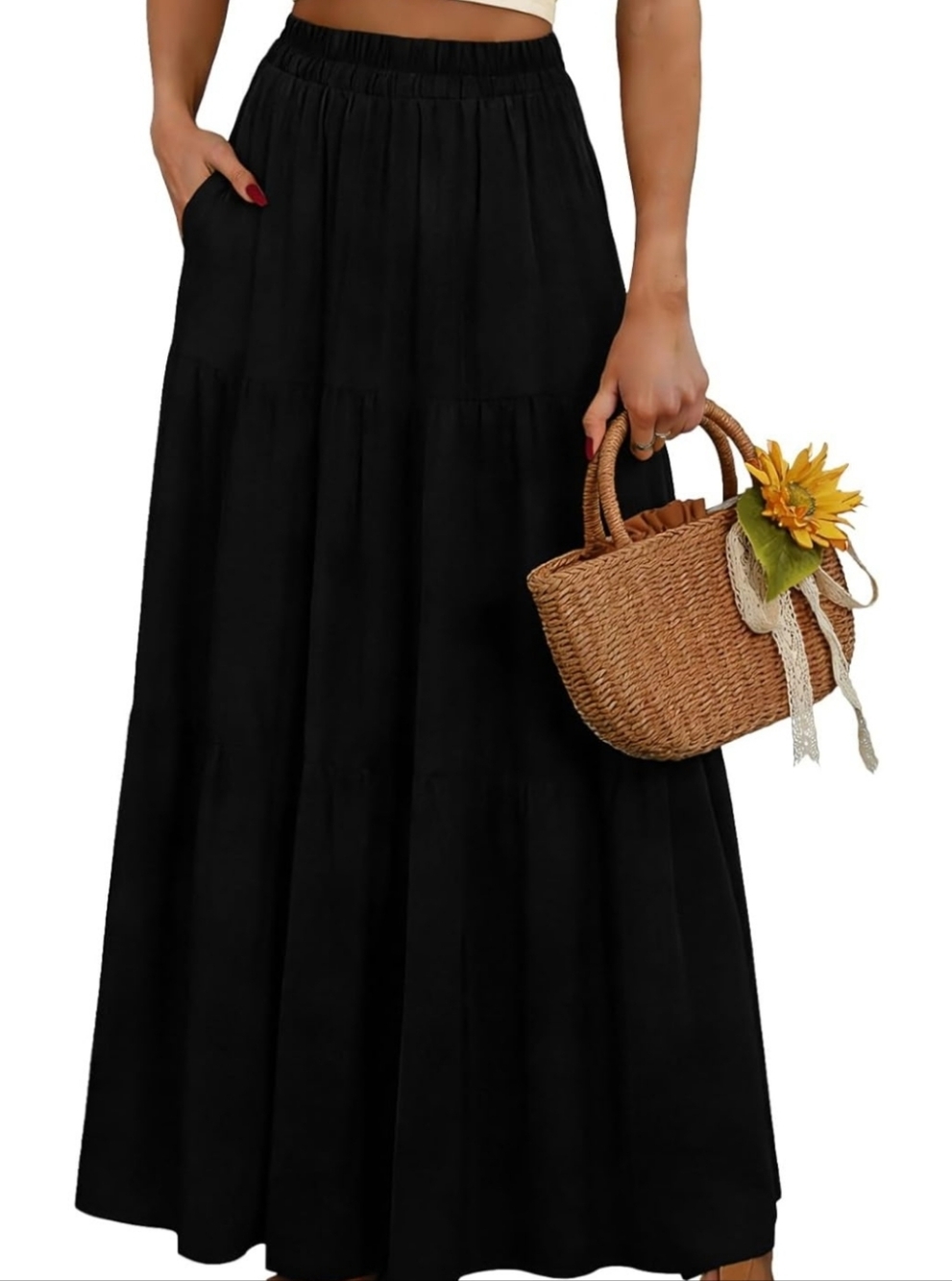 RORZAIN Black Elastic Waist Maxi Skirt